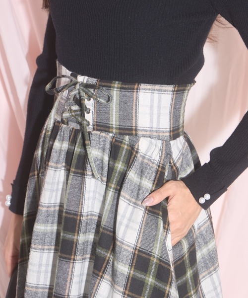 【ZOZO限定】チェック柄フロントレースアップバルーンスカート（スカート）｜tocco closet（トッコ クローゼット）