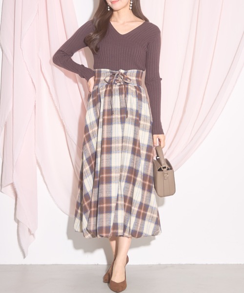 【ZOZO限定】チェック柄フロントレースアップバルーンスカート（スカート）｜tocco closet（トッコ クローゼット）