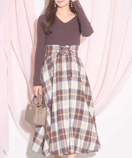 【ZOZO限定】チェック柄フロントレースアップバルーンスカート（スカート）｜tocco closet（トッコ クローゼット）