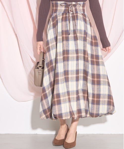 【ZOZO限定】チェック柄フロントレースアップバルーンスカート（スカート）｜tocco closet（トッコ クローゼット）