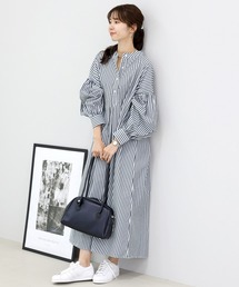 T/Cストライプバンドカラー長袖シャツワンピース
