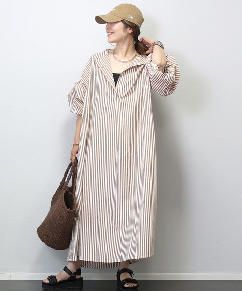 Aletta vita(アレッタビータ)の「T/Cストライプバンドカラー長袖シャツワンピース(シャツワンピース・レディース・チャコール/キャメル/ネイビー・FREE)」の1枚目の写真