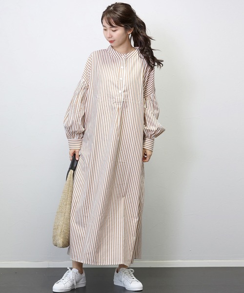 Aletta vita(アレッタビータ)の「T/Cストライプバンドカラー長袖シャツワンピース(シャツワンピース・レディース・チャコール/キャメル/ネイビー・FREE)」の13枚目の写真