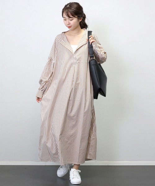 Aletta vita(アレッタビータ)の「T/Cストライプバンドカラー長袖シャツワンピース(シャツワンピース・レディース・チャコール/キャメル/ネイビー・FREE)」の16枚目の写真