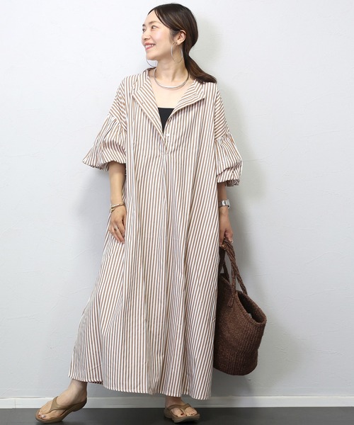 Aletta vita(アレッタビータ)の「T/Cストライプバンドカラー長袖シャツワンピース(シャツワンピース・レディース・チャコール/キャメル/ネイビー・FREE)」の4枚目の写真