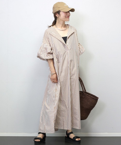 Aletta vita(アレッタビータ)の「T/Cストライプバンドカラー長袖シャツワンピース(シャツワンピース・レディース・チャコール/キャメル/ネイビー・FREE)」の7枚目の写真