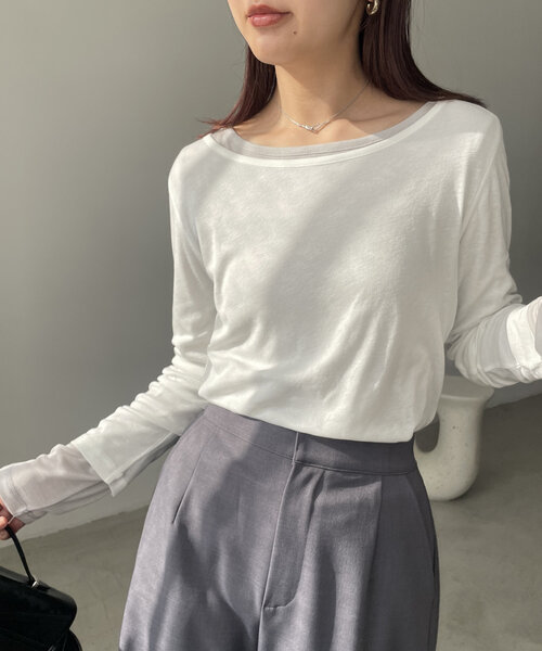 CAPRICIEUX LE'MAGE（カプリシューレマージュ）の「ボートネックシアーロンT（Tシャツ/カットソー・レディース・ピンク/ライトグレー/オフホワイト/ブラック・FREE）」の2枚目の写真