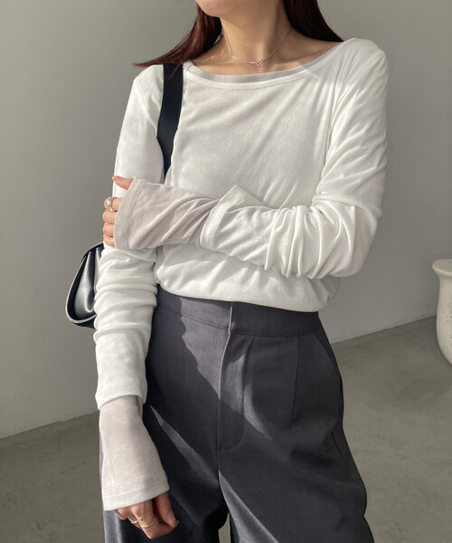 CAPRICIEUX LE'MAGE（カプリシューレマージュ）の「ボートネックシアーロンT（Tシャツ/カットソー・レディース・ピンク/ライトグレー/オフホワイト/ブラック・FREE）」の7枚目の写真