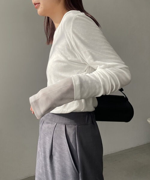 CAPRICIEUX LE'MAGE（カプリシューレマージュ）の「ボートネックシアーロンT（Tシャツ/カットソー・レディース・ピンク/ライトグレー/オフホワイト/ブラック・FREE）」の9枚目の写真