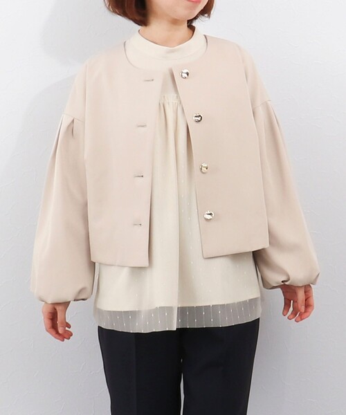 MICO COULIER（ミコクリエ）の「《オケージョン対応》ダブルクロスストレッチジャケット（ノーカラージャケット・レディース・ネイビー/ベージュ・38）」の2枚目の写真