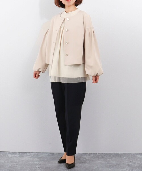 MICO COULIER（ミコクリエ）の「《オケージョン対応》ダブルクロスストレッチジャケット（ノーカラージャケット・レディース・ネイビー/ベージュ・38）」の3枚目の写真
