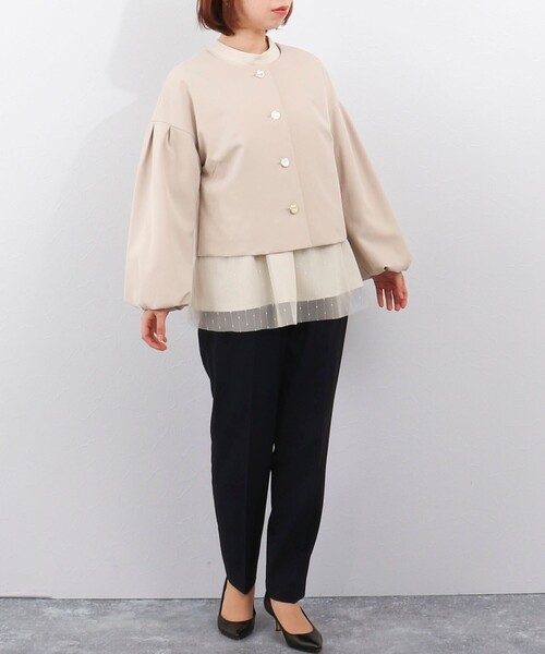 MICO COULIER（ミコクリエ）の「《オケージョン対応》ダブルクロスストレッチジャケット（ノーカラージャケット・レディース・ネイビー/ベージュ・38）」の4枚目の写真