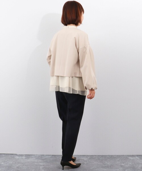 MICO COULIER（ミコクリエ）の「《オケージョン対応》ダブルクロスストレッチジャケット（ノーカラージャケット・レディース・ネイビー/ベージュ・38）」の5枚目の写真