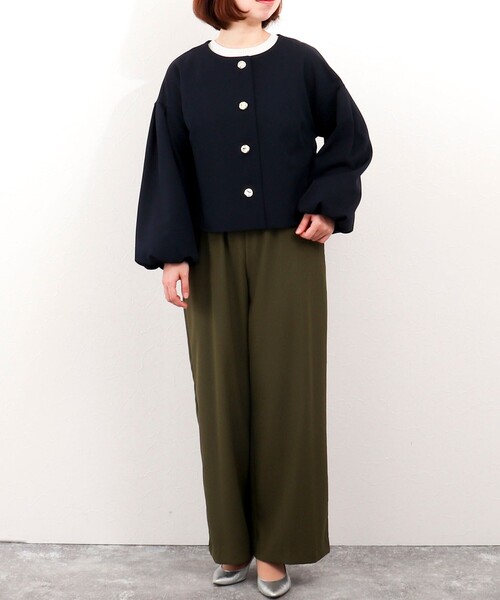 MICO COULIER（ミコクリエ）の「《オケージョン対応》ダブルクロスストレッチジャケット（ノーカラージャケット・レディース・ネイビー/ベージュ・38）」の7枚目の写真