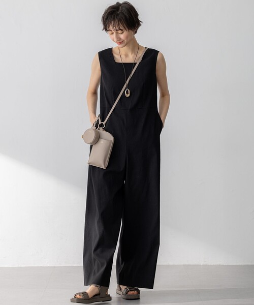 23区リネンレーヨンストレッチ スクエアネックオールインワン　ベージュ 洗える】リネンレーヨンストレッチ スクエアネック オールインワン