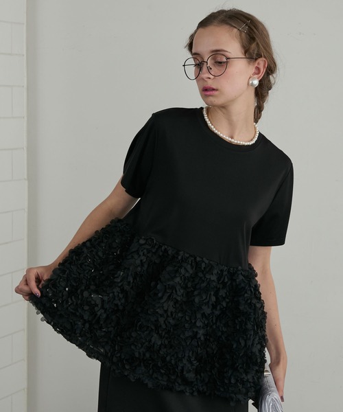 BONLECILL noir（ボンルシールノワール）の「【BONLECILL noir】裾フラワージャガードぺプラム切替TEE（Tシャツ/カットソー・レディース・ホワイト/ブラック・FREE）」の19枚目の写真