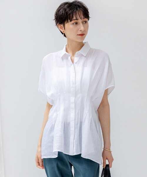 【未使用】LIBECOリネン タック デザイン シャツ セール】【洗える】LIBECOリネン タック デザイン シャツ