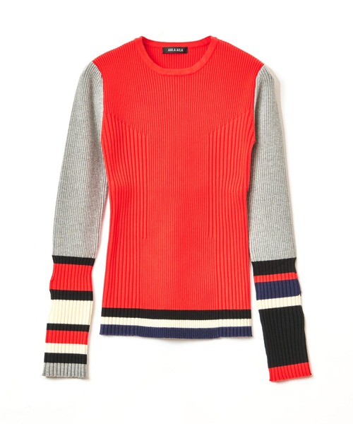 AULA AILA（アウラアイラ）の「ボーダースリーブリブニット（ニット/セーター・レディース・オフホワイト/ブラック/ブラウン/レッド・0）」の8枚目の写真