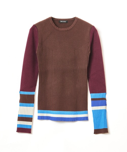 AULA AILA（アウラアイラ）の「ボーダースリーブリブニット（ニット/セーター・レディース・オフホワイト/ブラック/ブラウン/レッド・0）」の6枚目の写真