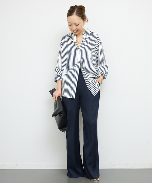 美品 ドゥーズィエムクラス シルクストライプシャツ ブラック フリーサイズ PARDIE ストライプ シャツ（シャツ/ブラウス）｜Deuxieme Classe