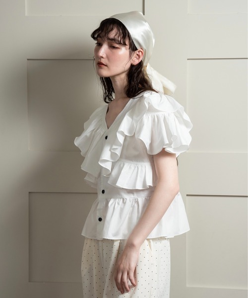 lawgy 2wayフリルフレンチスリーブブラウス Check white 2way frill french sleeve blouse / 2wayフリルフレンチスリーブ