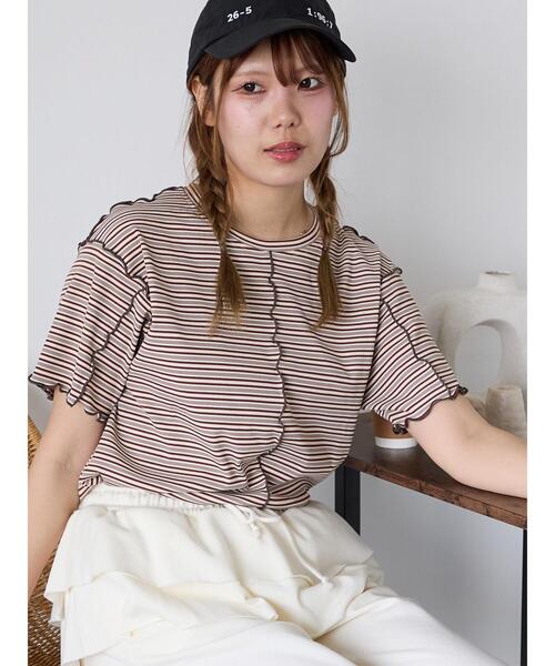 ehka sopo(エヘカソポ)の「配色メローボーダーTシャツ(Tシャツ/カットソー・レディース・モカ/ミント/イエロー/ピンク・F)」の2枚目の写真