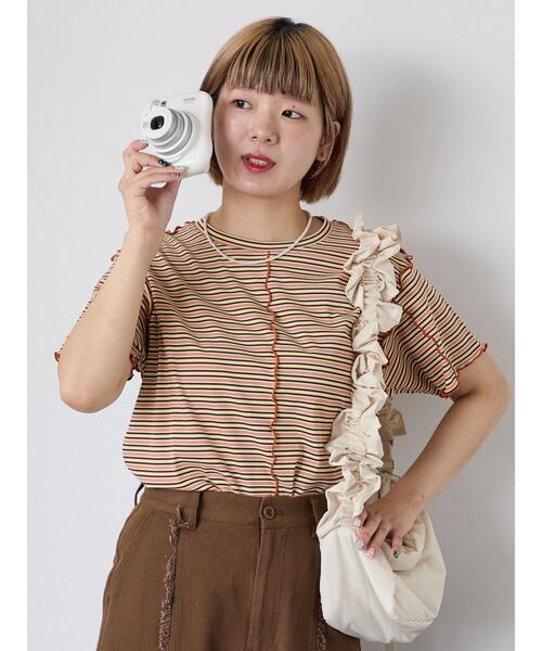 ehka sopo(エヘカソポ)の「配色メローボーダーTシャツ(Tシャツ/カットソー・レディース・モカ/ミント/イエロー/ピンク・F)」の6枚目の写真