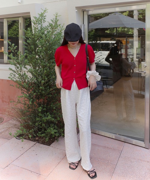 Reurie'（レウリィ）の「リラックスフラワーパンツ(sayaka select) / ロング丈 花柄 エンボス加工 ぽこぽこ レース シンプル カジュアル 韓国 モノトーン ウエストゴム（スラックス・レディース・アイボリー/ブラック/ホワイト・FREE）」の8枚目の写真