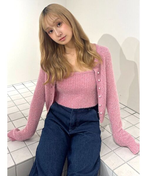 CALNAMUR(カルナムール)の「スカシアミ&リブラメシャギーアンサンブル(カーディガン/ボレロ・レディース・ピンク/ブルー/ブラック・FREE)」の2枚目の写真