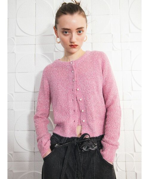 CALNAMUR(カルナムール)の「スカシアミ&リブラメシャギーアンサンブル(カーディガン/ボレロ・レディース・ピンク/ブルー/ブラック・FREE)」の4枚目の写真