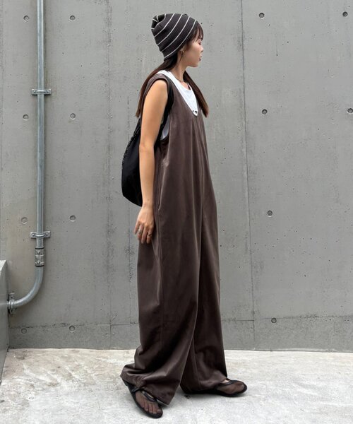 セール】ベロア裾ドロストオールインワン（つなぎ/オールインワン