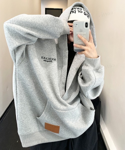 Dalfwin（ダールフィン）の「韓国ファッション RICECAKE刺繍深Vネックスウェットフーディー（パーカー・レディース・グレー/ブラック・FREE）」の12枚目の写真