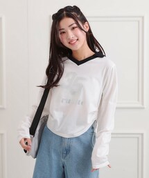 PINK-latte（ピンクラテ）の「衿付き箔ナンバーロンT（Tシャツ/カットソー・キッズ）」