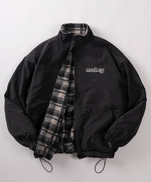 SlashDate（スラッシュデイト）の「【82】【MATEY】2WAY リバーシブル ナイロン ボアブルゾン／ワンポイント刺繍 ／ドローコード／ユニセックス（ブルゾン・メンズ・ブラック/ホワイト・M/L）」の2枚目の写真