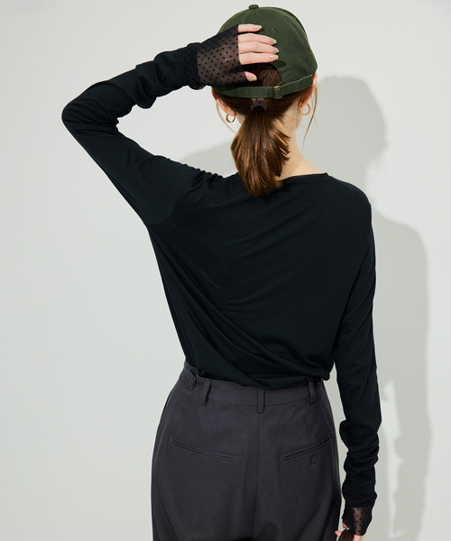 SLOBE IENA（スローブイエナ）の「《WEB限定/追加2》レイヤードフロッキードットスリーブロンTEE（Tシャツ/カットソー・レディース・ブラック・FREE）」の5枚目の写真