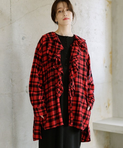 【金原広和さんコラボ】細コールアソートフリルチュニックシャツ　チェック セール】【金原広和さんコラボ】細コールアソートフリルチュニック