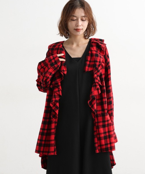 【金原広和さんコラボ】細コールアソートフリルチュニックシャツ　チェック セール】【金原広和さんコラボ】細コールアソートフリルチュニック