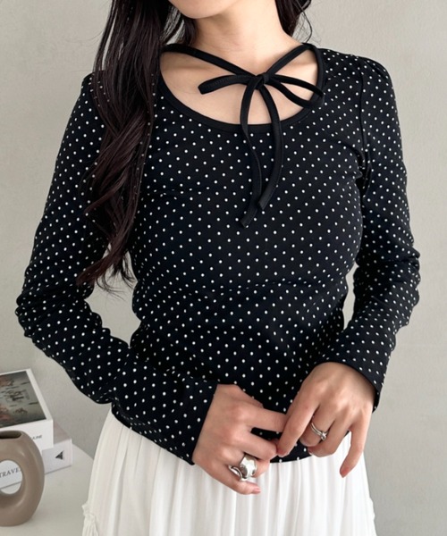 CLEA（クレア）の「チョーカーリボンドット長袖トップス（Tシャツ/カットソー・レディース・ブラック/アイボリー・FREE）」の9枚目の写真