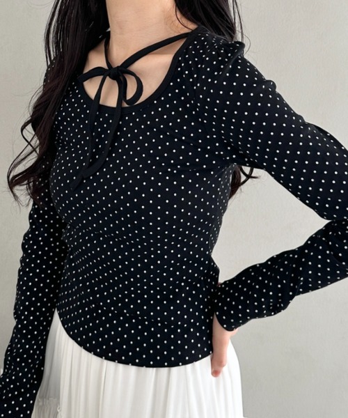 CLEA（クレア）の「チョーカーリボンドット長袖トップス（Tシャツ/カットソー・レディース・ブラック/アイボリー・FREE）」の10枚目の写真