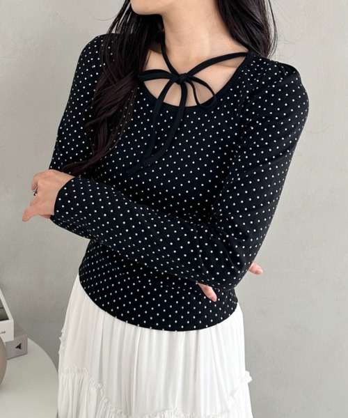 CLEA（クレア）の「チョーカーリボンドット長袖トップス（Tシャツ/カットソー・レディース・ブラック/アイボリー・FREE）」の11枚目の写真
