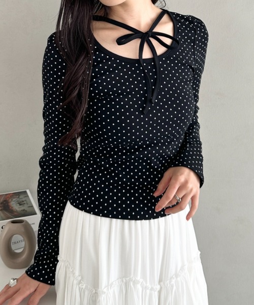 CLEA（クレア）の「チョーカーリボンドット長袖トップス（Tシャツ/カットソー・レディース・ブラック/アイボリー・FREE）」の12枚目の写真