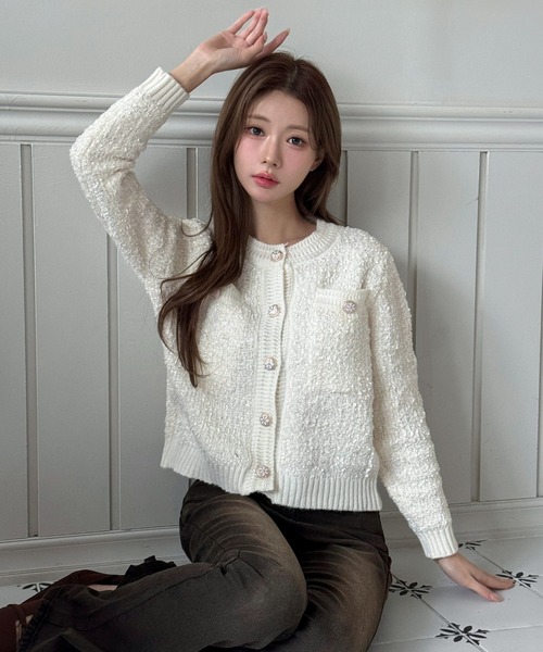 着用動画あり・4色展開】フラワーボタンツイードニットカーディガン