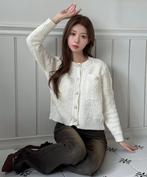 FOXEY NEWYORK ツイード パールロゴボタン ニット カーディガン SALE／60%OFF】 ツイード NEWYORK FOXEY パールロゴボタン 公式