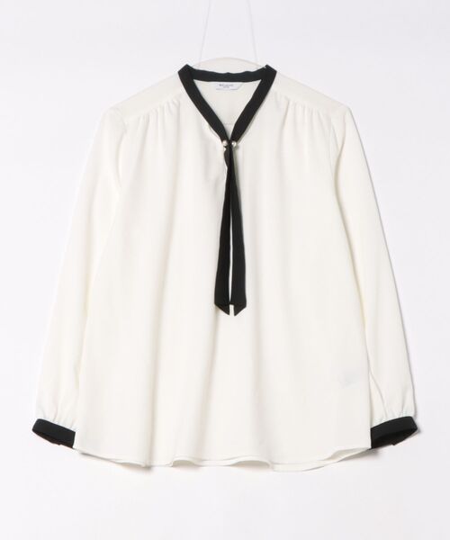 m.f.editorial（エムエフエディトリアル）の「【ストレッチ イージーケア】m.f.エディトリアル レディース パールボウタイ 長袖プルオーバーブラウス（シャツ/ブラウス・レディース・ネイビー/アイボリー・MEDIUM/LARGE）」の3枚目の写真