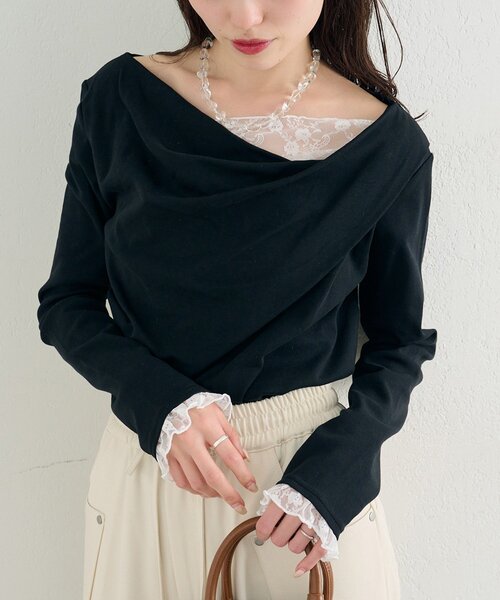mystic（ミスティック）の「【4色展開 / 一枚で決まる】レースドッキングオフショルロンT（Tシャツ/カットソー・レディース・オフホワイト/ブラック/グレー/グリーン・FREE）」の3枚目の写真
