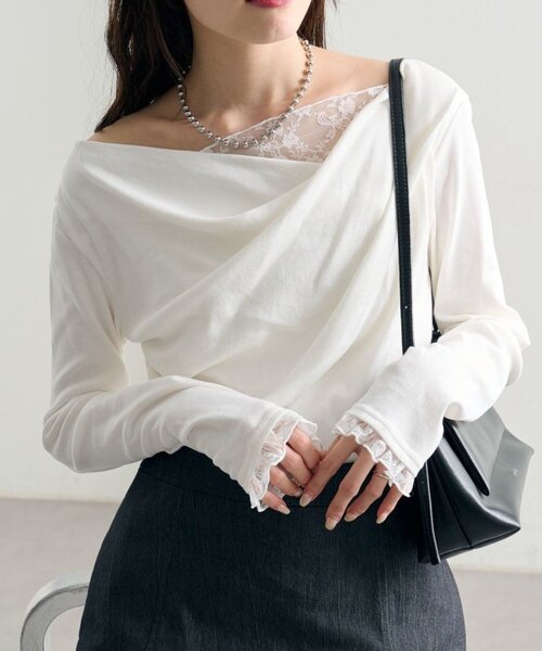 mystic（ミスティック）の「【4色展開 / 一枚で決まる】レースドッキングオフショルロンT（Tシャツ/カットソー・レディース・オフホワイト/ブラック/グレー/グリーン・FREE）」の5枚目の写真