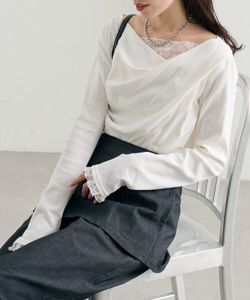 mystic（ミスティック）の「【4色展開 / 一枚で決まる】レースドッキングオフショルロンT（Tシャツ/カットソー・レディース・オフホワイト/ブラック/グレー/グリーン・FREE）」の6枚目の写真