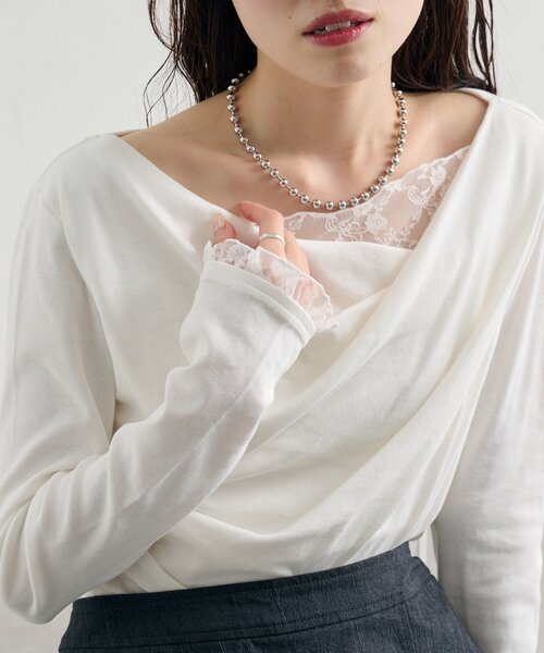 mystic（ミスティック）の「【4色展開 / 一枚で決まる】レースドッキングオフショルロンT（Tシャツ/カットソー・レディース・オフホワイト/ブラック/グレー/グリーン・FREE）」の7枚目の写真