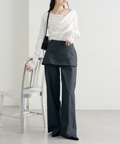 mystic（ミスティック）の「【4色展開 / 一枚で決まる】レースドッキングオフショルロンT（Tシャツ/カットソー・レディース・オフホワイト/ブラック/グレー/グリーン・FREE）」の9枚目の写真