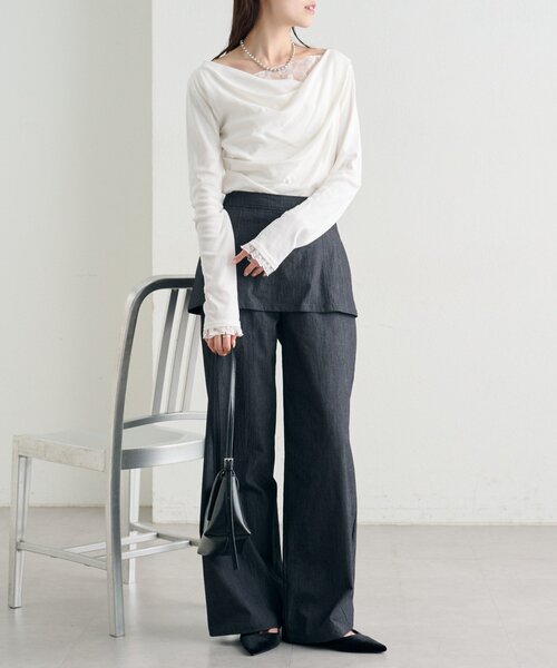 mystic（ミスティック）の「【4色展開 / 一枚で決まる】レースドッキングオフショルロンT（Tシャツ/カットソー・レディース・オフホワイト/ブラック/グレー/グリーン・FREE）」の10枚目の写真